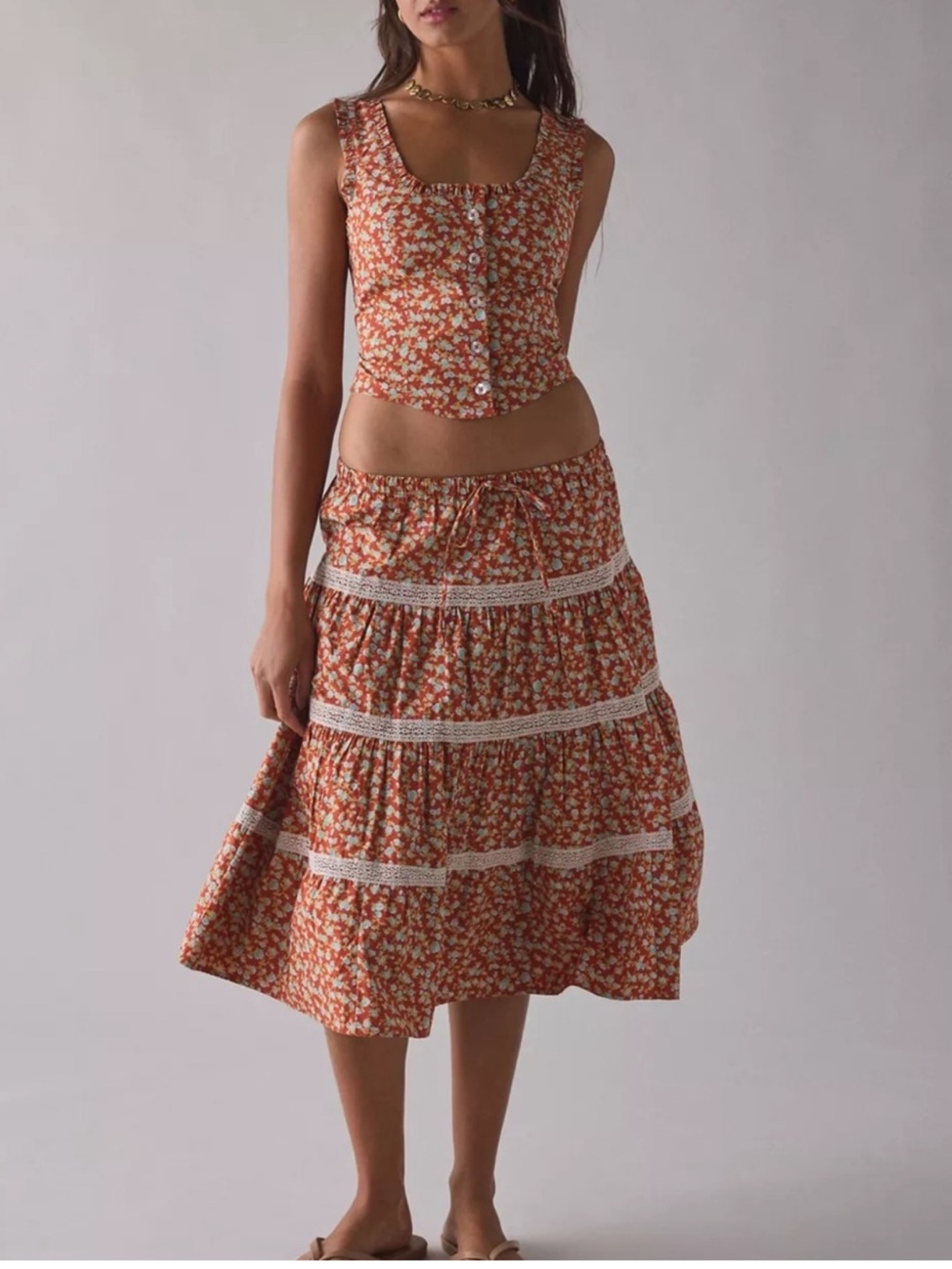 Kimchi Blue Orange Floral Tiered Skirt Set